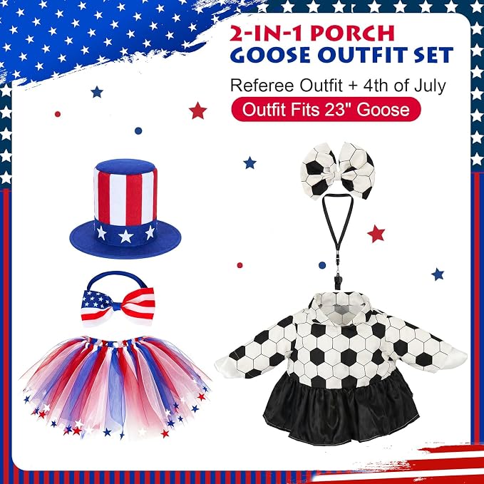 2 Set Porch Goose Outfits Football Referee Clothes Fit 23" Geese Statue | Plastic/Cement/Concrete Goose Costume World Cup for Garden, Patio, Yard & Lawn Decor