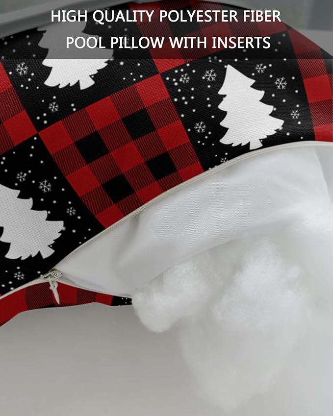 Outdoor Pillows Covers with Inserts Winter Christmas Tree Red Black checkered Waterproof Recliner Pillow with Adjustable Strap Throw Pillows for Patio Furniture Pool Lounge Chair, 11x16 inch, 1PCS