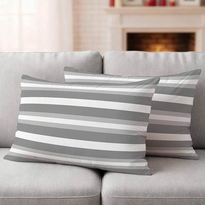 Lumbar Pillow Covers 20x12 Inch Set of 2, Grey Stripe Waterproof Outdoor Pillow Covers, Minimalist Farmhouse Striped Decorative Cushion Pillowcases for Couch, Sofa, Bed, Garden, Patio