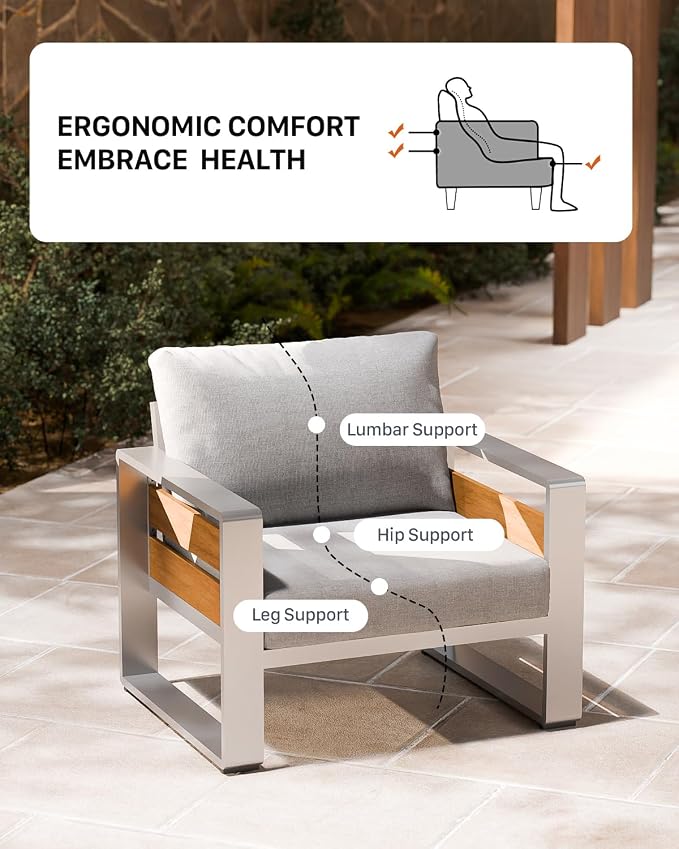 ZANDOR Aluminum Outdoor Patio Furniture Set with Coffee Table, 5 Seats Patio Conversation Sets with Washable Thick Cushions, Outdoor Sectional for Porch, Backyard, Deck, Garden & Poolside, Silver