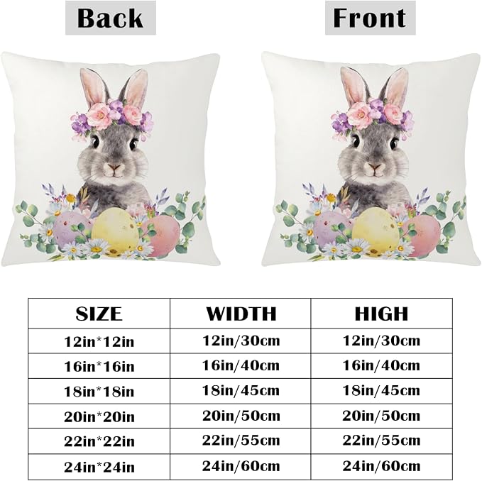 Spring Easter Pillow Covers Lovely Bunny Throw Pillow Covers Floral Watercolor Rabbit Farmhouse Cushion Cases 16x16 Set of 2 Colorful Easter Eggs Pillow Cases for Home Porch Patio