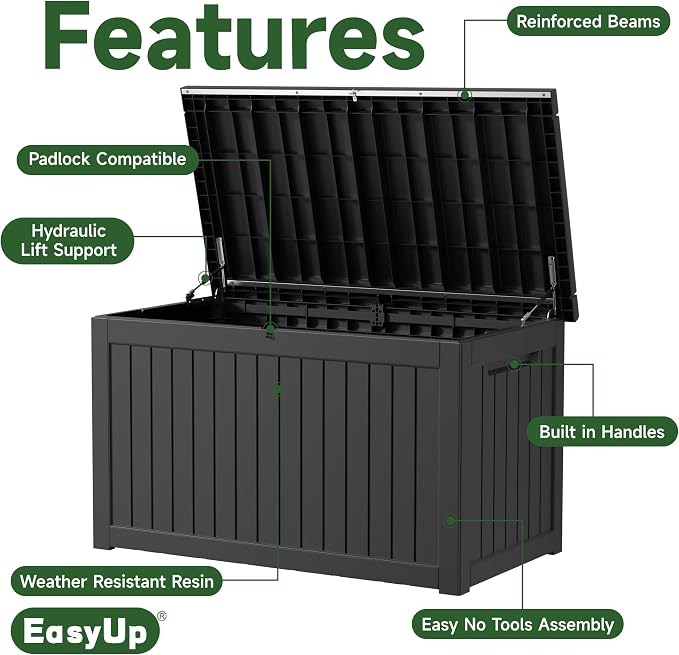 EasyUp 280 Gallon Outdoor Storage Box Waterproof, UV Resistant Resin Deck Box with Hydraulic Rod, Reinforced Stability for Patio, Garden,Striped Black