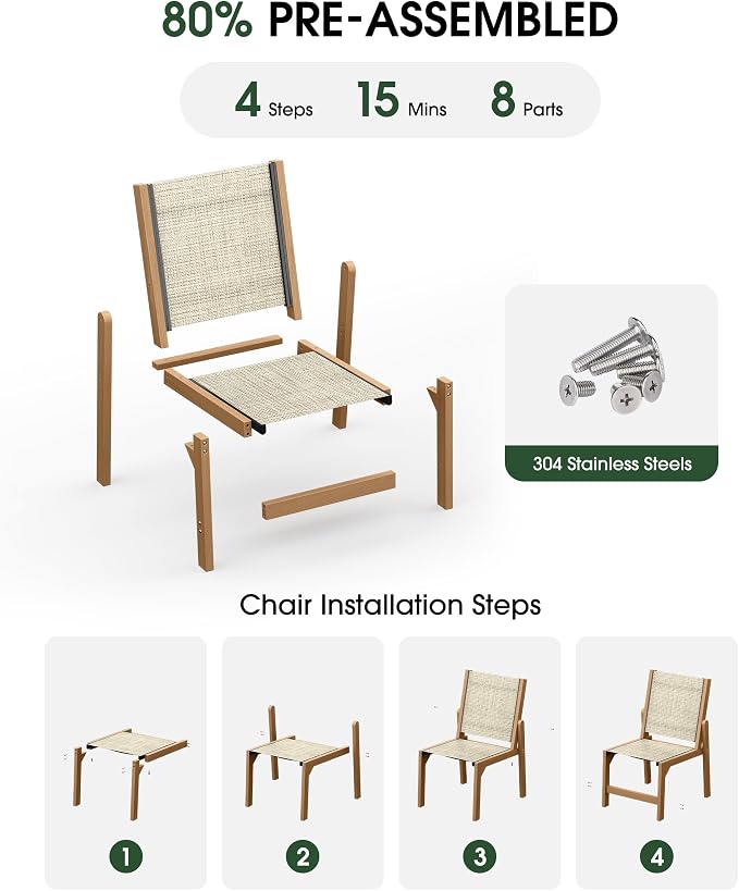 SUUNYN Patio Stackable Chairs Set of 2, HDPE Armless Outdoor Dining Chairs with Wide Seat, All-Weather Textilene Oversized Porch Chair for Garden, Poolside, Backyard, Deck | Teak