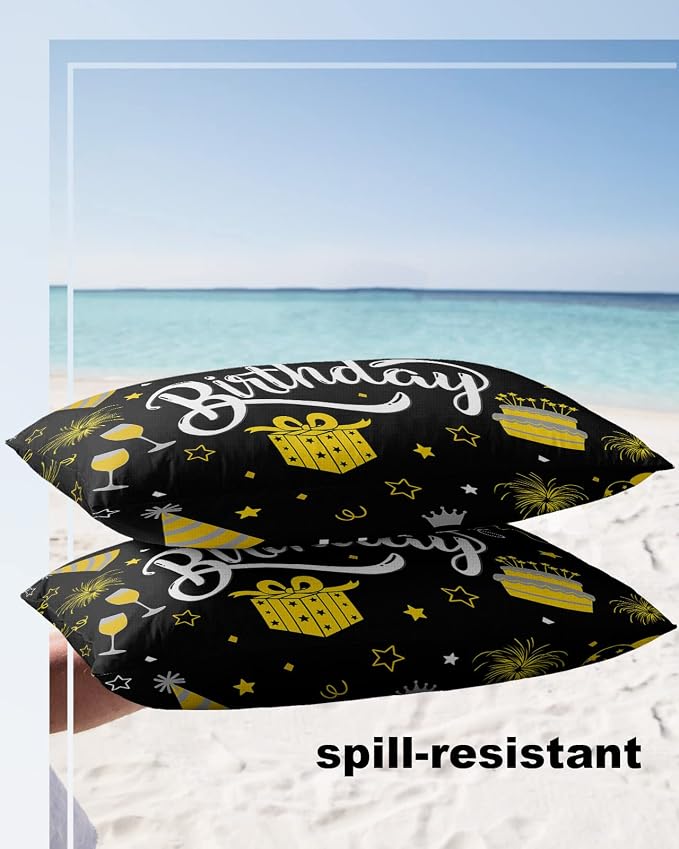 Prime Leader Outdoor Waterproof Pillow Covers Set of 2, Happy Birthday Cake Firwoks Black Patio Throw Pillow Covers, Decorative Cushion Case for Couch Sofa Furniture Garden, 20x12 Inch