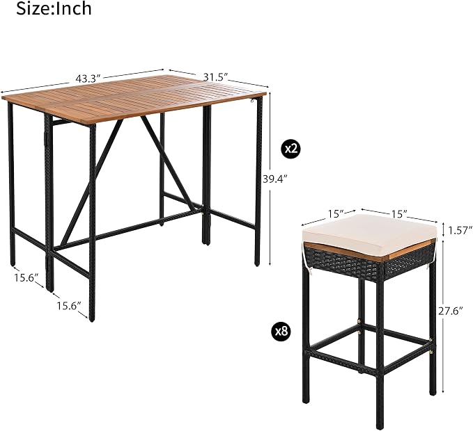 10 Piece Patio Table and Chairs Set for 8, 2 Acacia Wood Bar Height Table and 8 Stools with Cushions, PE Rattan Wicker Dining Table, Foldable Tabletop, Outdoor All-Weather Dining Set, Brown