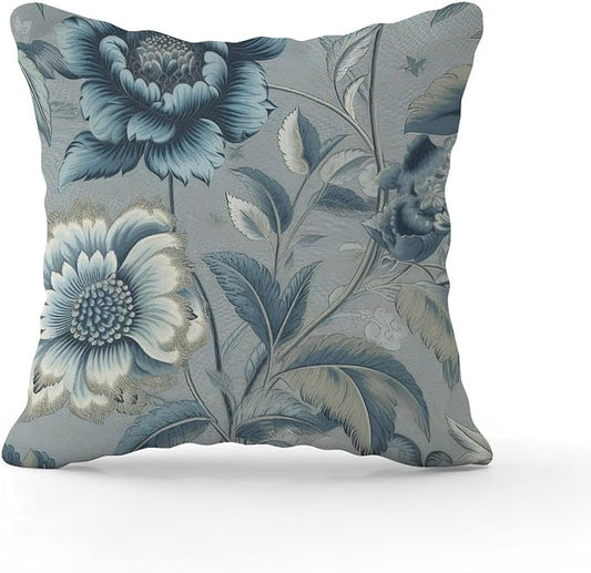Spa On Flax Blue Chinoiserie Pillowcase Blue Grey Asian Flower Pillow Covers 18x18 INRetro Accent Outdoor Garden Decoration for Patio Couch Sofa Office