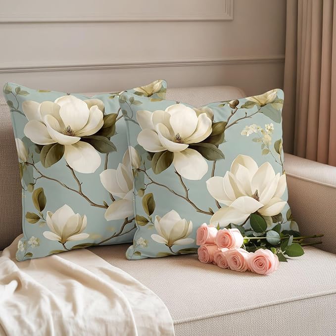 Vintage Floral Outdoor Pillow Covers 18"x18" Set of 2, Magnolia Flowers Branches Rustic Botanical Teal Waterproof Throw Pillow Covers for Patio Furniture, Decorative Cushion Covers for Porch
