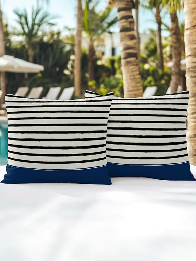 Waterproof Outdoor Pillow Set of 2 Black Stripes Decorative Throw Pillows Cover & Insert 18x18 Inch Pillowcase Navy Blue Striped Lines Square Pillows for Couch Sofa Bed Patio Furniture Indoor Outdoor