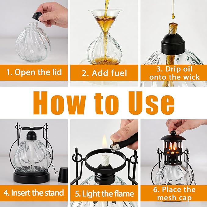 3 Pack Glass Table Top Torches, 14 oz Citronella Torches for Outside, Features hanging handles, Refillable Flame Light Torch, Decorative Tabletop Lantern for Yard, Patio, Garden, Party, Landscape