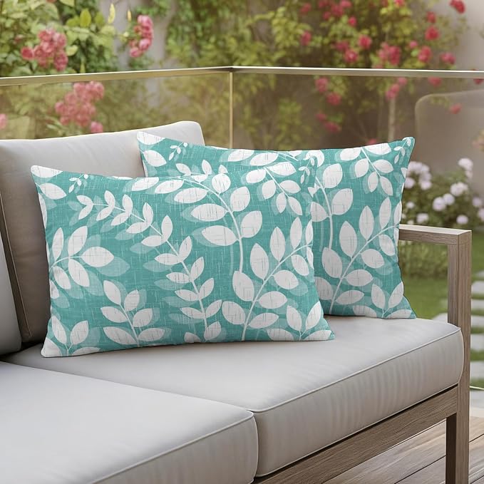 Teal Green Leaves Outdoor Waterproof Throw Pillow Covers 20x12 Set of 2, Farmhouse Botanical Branch Vintage Boho Leaf Decorative Pillowcases Cushion Pillowcase for Couch Sofa Patio Pillow Protector