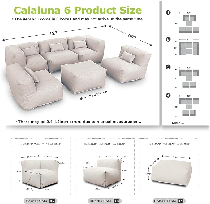 ANNYH CALALUNA 6Pc PATIO Furniture Sectional Conversation Set. Combines 3Middle, 2Corner, 1Ottoman/Coffee OUTDOOR Exp Foam Filled CHAIRS UNIQUE Modular Contemporary Sofa for Pool Garden (Light Beige)