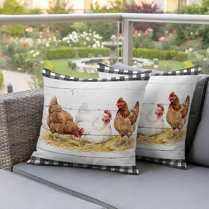 Farmhouse Rooster Outdoor Waterproof Pillow Covers, Farm Chicken Animals Retro Grey Wooden Decorative Square Throw Pillowcase Sofa Cushion Sham for Patio/Couch/Chair, 18"x18" 2 Pack