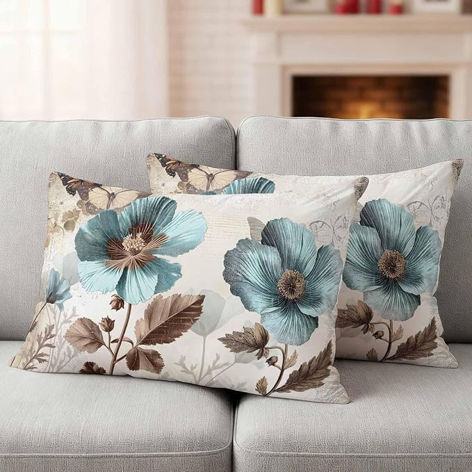 Teal Blue Floral Waterproof Outdoor Pillow Covers 20''x12'' Set of 2, Vintage Brown Flowers Butterfly Plant Patio Furniture Cushion Covers for Chairs, Decorative Pillow Cases for Garden/Pool/Beach