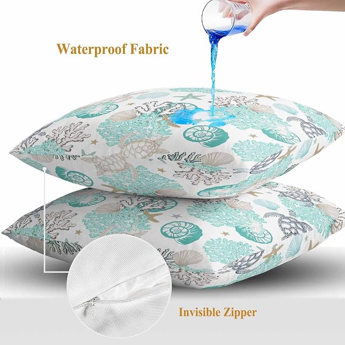 Summer Coastal Outdoor Pillow Covers Set of 2, Ocean Sea Turtle Seaweed Decorative Waterproof Throw Pillowcase Teal Grey Abstract Art Cotton Linen Soft Cozy Cushion Cover Pillowsham 20x20In