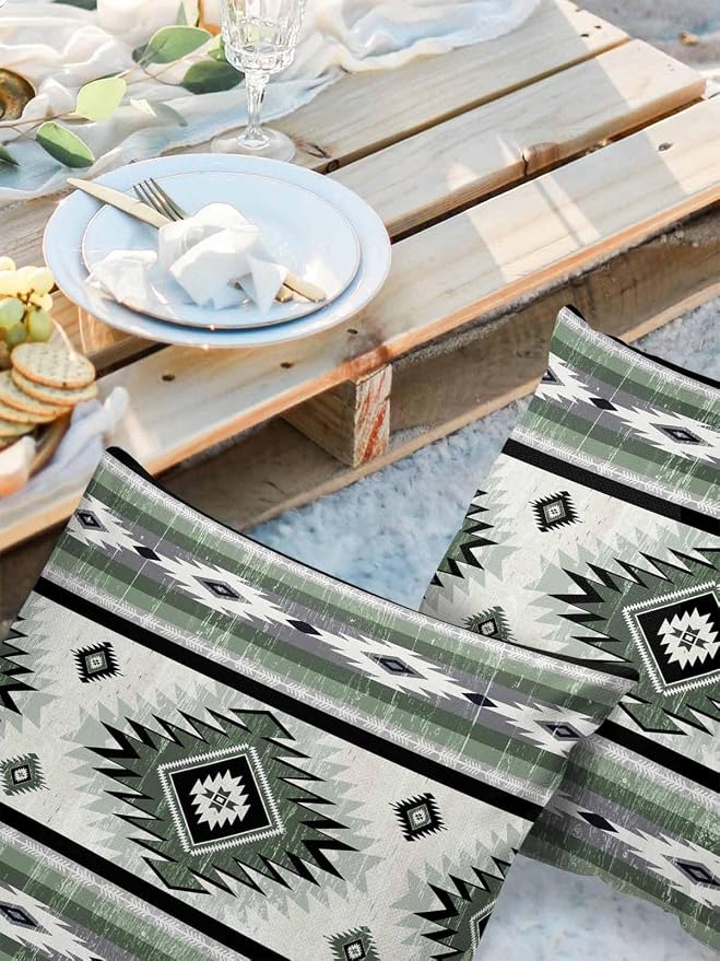 Outdoor Waterproof Throw Pillow Covers Set of 2 Sage Green Boho Aztec Pillowcases 24x24 Inches Southwest Tribal Geometric Patio Decorative Pillows Cushion Case Patio Pillows for Couch Bed Chair Garden