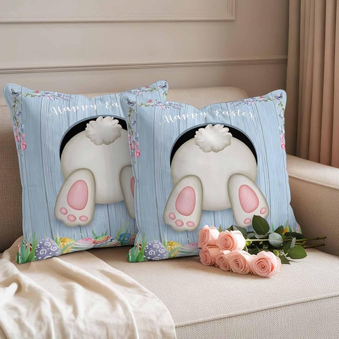 Vandarllin Outdoor Throw Pillows Covers 18X18 Set of 2 Waterproof Bunny Butt Easter Eggs Decorative Zippered Lumbar Cushion Covers for Patio Furniture, Spring Flower Wood Grain