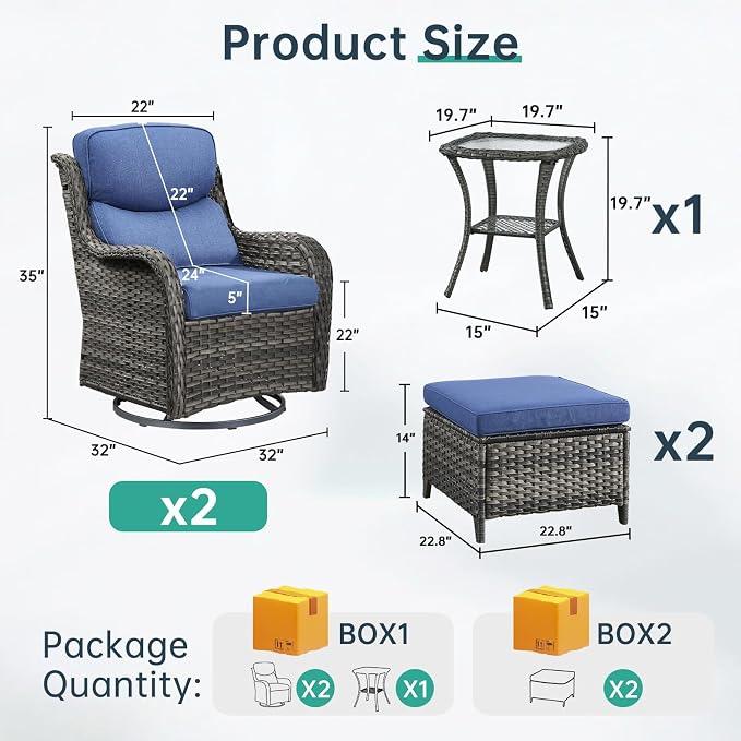 Outdoor Swivel Rocker Patio Chairs with 2 Ottomans - 5" Thick Cushion 5 Piece Furniture Set All Weather Wicker Conversation Set with Side Table for Porch Poolside and Deck - Gray/Blue