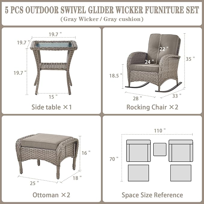 Belord 5 Piece Patio Rocking Chairs Furniture Set - Outdoor Wicker Furniture with Ottomans and Side Table, Rattan Conversation Bistro Set for Balcony Deck Porch