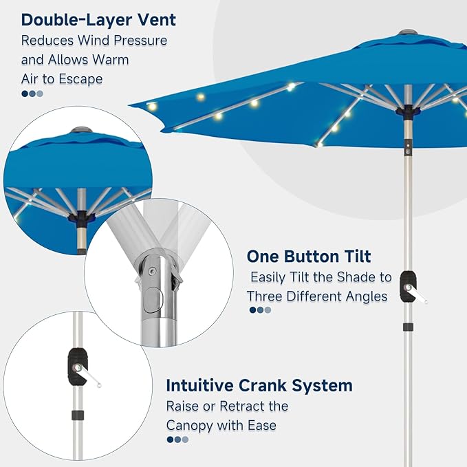 10FT 40-LED Solar Lighted Aluminum Patio Umbrella, Fade-Resistant Outdoor Market Table Umbrella with Push Button Tilt Function, 8 Sturdy All-Aluminum Ribs for Gardens, Decks, Backyards & Pools