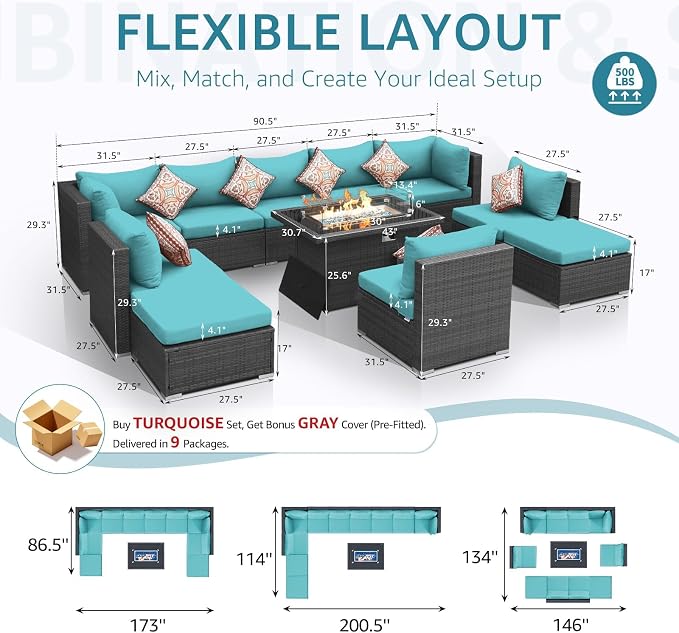 NICESOUL 11 Piece Outdoor Conversation Set, 29.3'' High Back Comfy Wicker Patio Sectionals with Fire Pit Table, Large Size Wide & Deep Seat Sofa Couches, 2 Color Cushion Teal & Gray