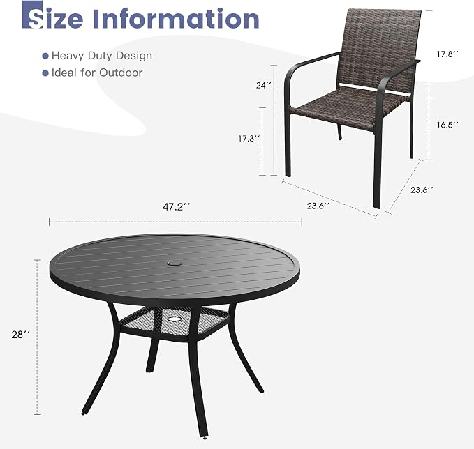 VICLLAX 7 Pieces Patio Dining Set, 6 Stakable Wicker Outdoor Chairs and 47" Patio Round Metal Table with Umbrella Hole for Backyard Lawn Deck, Black Tabletop