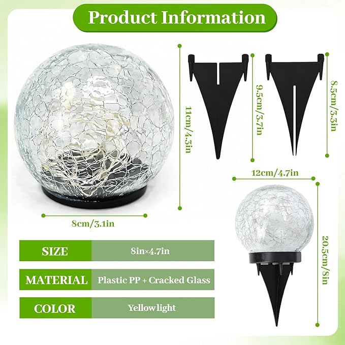 2 Pack Solar Path Lights Outdoor, Cracked Glass Globe with Light Control, IP67 Waterproof Solar Garden Lights, Warm Yellow & 4-Color LED Ball Lights for Yard, Patio, Lawn & Holiday Decor