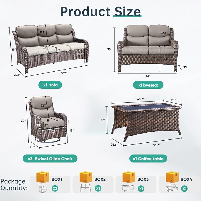 Outdoor Swivel Rocker Patio Chairs Set of 7 with 5" Thick Cushions,7 Piece Furniture Set with Fire Pit Table All Weather Wicker Conversation Set for Porch Deck - Gery Wicker | Gery Cushions