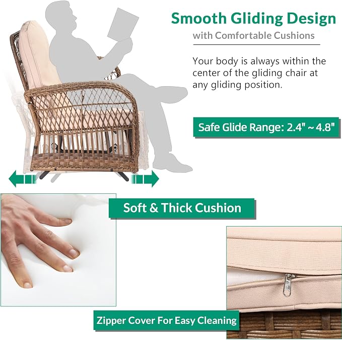 VIVIJASON 2-Piece Outdoor Wicker Glider Rocking Chair, Patio Rattan Swing Glider Chairs with Cushions & Steel Frame, All-Weather Gliding Lawn Wicker Furniture for Garden Backyard Porch
