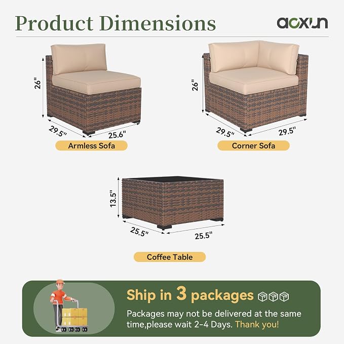 Aoxun 11 Piece Patio Furniture Set Wicker Rattan Patio Conversation Set Outdoor Sectional Sofa Set with Coffee Table and Thickened Cushions, Beige