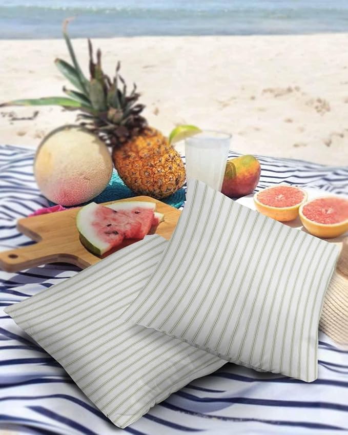 Outdoor Waterproof Throw Pillow Covers Set of 2 Sage Green Stripes Pillowcases 16x16 Inches Vertical Striped Patio Decorative Pillows Cushion Case Patio Pillows for Couch Bed Chair Garden