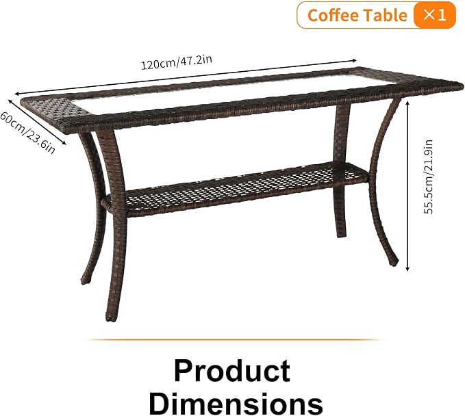 YLGJ&TIDY Outdoor Furniture 2PCS Set All-Weather Brown Wicker Patio Conversation Set 3 Seater Rattan Sofa Glass Coffee Table for Garden Backyard Porch Balcony w/Thick Cushions (Khaki,2PCS Sofa/Table)