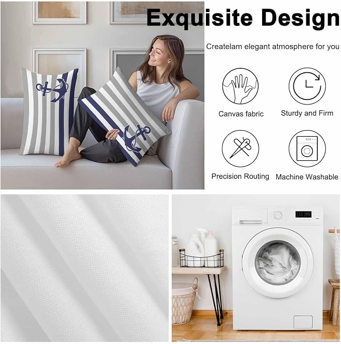 Lumbar Pillow Covers 20x12 Inch Set of 2, Anchor Gray Waterproof Outdoor Cushion Covers, Modern Navy Blue White Striped Nautical Decorative Pillowcases for Couch, Sofa, Bed, Garden, Patio