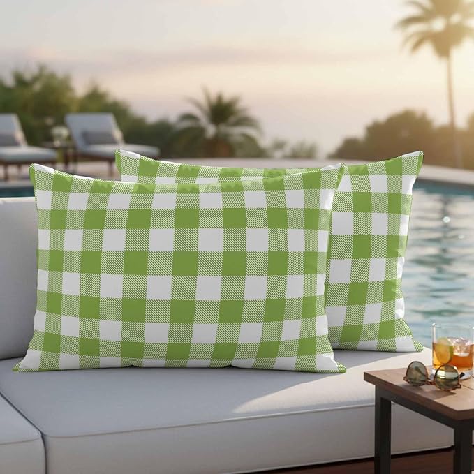 Outdoor Throw Pillow Covers,Farmhouse Plaid Design Waterproof Decorative Pillowcases Cushion Cover Green and White Grid Pillow Cases for Patio Couch Sofa Bed,20x12in Set of 2