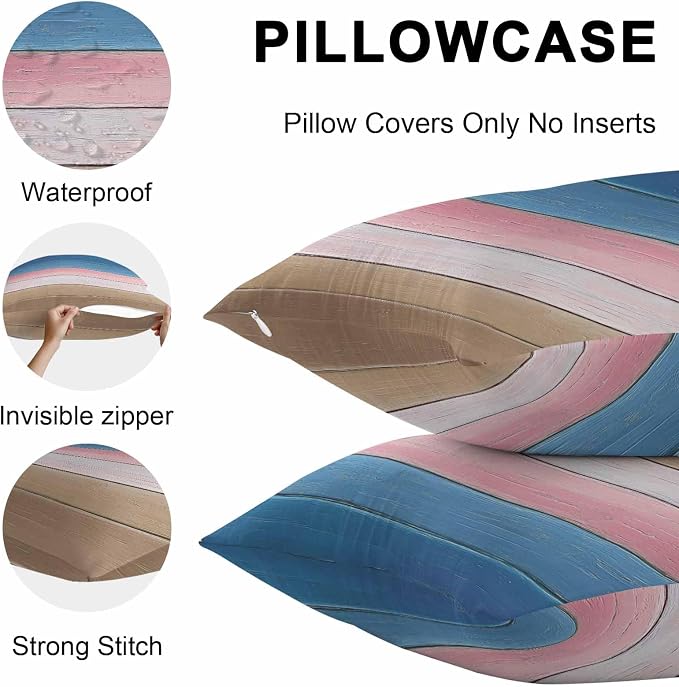 Pink Blue Brown Outdoor Pillow Covers 20x12 Inch Lumbar Pillow Covers Set of 2 Waterproof Decorative Throw Pillow Cases Farmhouse Gradient Wooden Plank Art Cushion Covers for Patio Furniture Garden