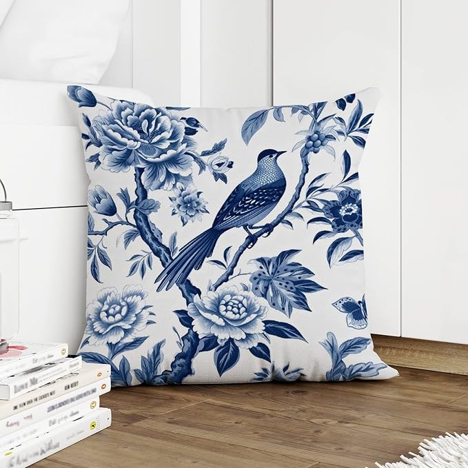 Blue Indigo Floral Chinoiserie Outdoor Throw Pillow Covers Asian Navy Lotus Bird Waterproof Throw Pillowcase 20x20 in Modern Accent Cushion Cover for Patio Furniture Garden