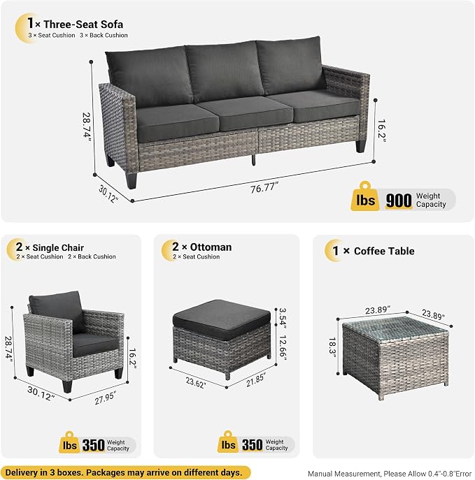 ovios 6 Pieces Patio Furniture Set, Outdoor Wicker Sofa Couch with Glass Table Comfy Cushions, All Weather Grey Rattan Conversation Set for Backyard Deck Porch, Black