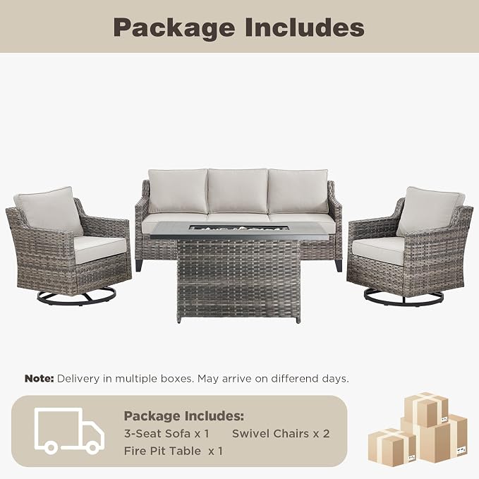 Belord Patio Furniture Set with Swivel Chair and 42.5" Fire Pit Table Sofa, Outdoor Furniture Set for Deck Porch Garden, 4 Piece Conversation Set,Beige