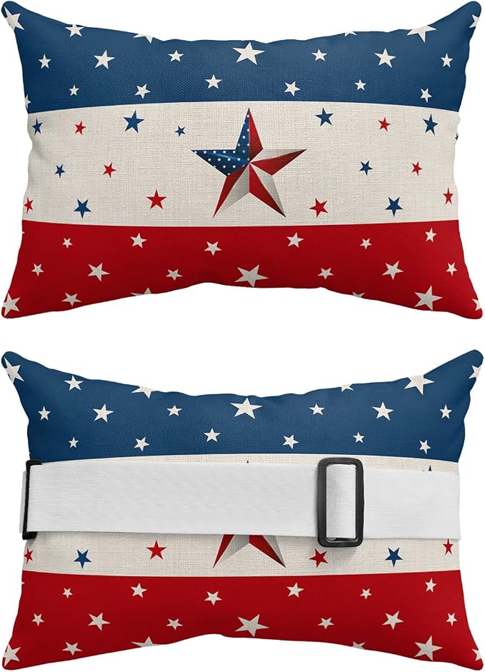 Recliner Head Pillow Independence Day Red White Blue Stripe Outdoor Throw Pillow with Insert,Waterproof Recliner Pillows Chaise Lounge Lumbar Cushion for Beach Rustic Star Patio Pillow 2 Pack