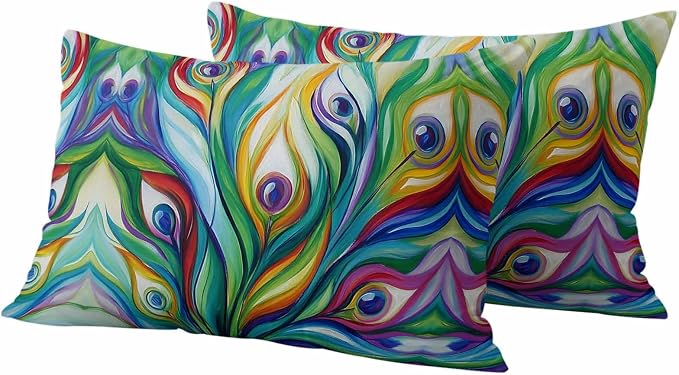 Outdoor Waterproof Pillow Covers 20x12Inch Peacock Feathers Colorful Gradient Throw Pillowcases for Patio Garden Couch Sofa Vibrant Abstract Art Decorative Cushin Case,Pack of 2