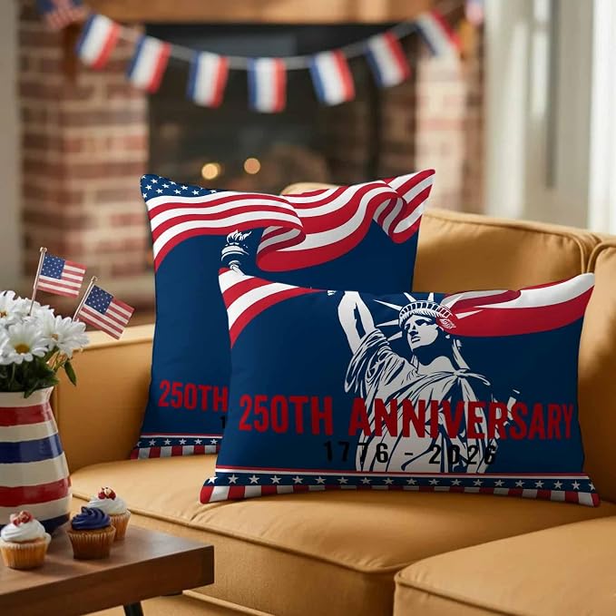 250th Anniversary Outdoor Pillow Covers 18"x18" Set of 2, Statue of Liberty Independence Day Waterproof Throw Pillow Covers for Patio Furniture, Decorative Cushion Covers for Porch