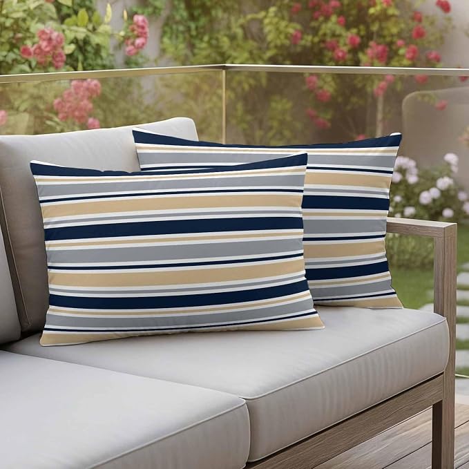 Khaki Grey Striped Outdoor Pillow Cover 12x20 Inch Cushion Sham Case, Navy Blue Farmhouse Stripes Abstract Art Waterproof Decorative Square Throw Pillowcase for Outside Garden Patio Porch Couch Chair