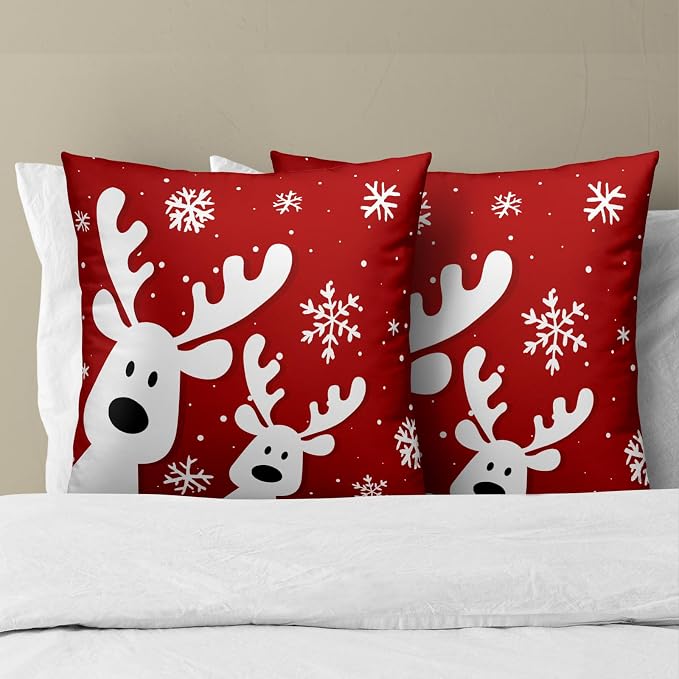 Christmas Reindeer Red Pillow Covers 22 x 22 Inch 2PCs Xmas Winter Snow Elk Deer Decorative Pillow Cases Square Cotton Cushion Cover for Bed Sofa Cushion Car Holiday Decor