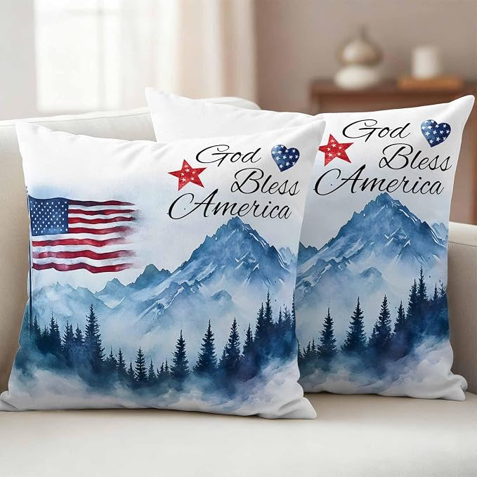 4th of July American Flag Outdoor Pillow Covers 26x26 Inch Throw Pillow Covers Set of 2 Waterproof Decorative Pillow Cases Independence Day Forest Cushion Covers for Patio Furniture Garden Couch Sofa