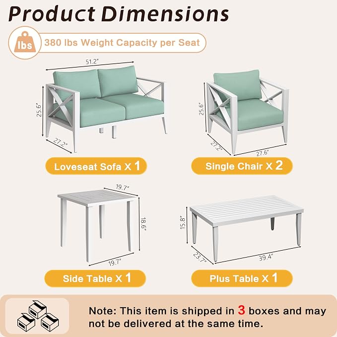 5-Piece Aluminum Patio Furniture Set, Oversized Outdoor Conversation Sofa Set with Coffee Table, White All-Weather Deep Seating, Rust-Proof Frame for Backyard, Deck, Porch, or Balcony