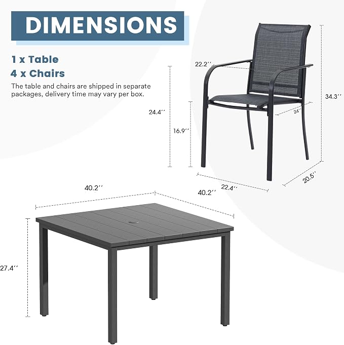 DIFY 5 Pieces Outdoor Patio Dining Set for 4, 40.2" Square Metal Dining Table and 4 Stackable Textilene Patio Chairs, Outdoor Table and Chairs for Backyard Garden Poolside, Grey
