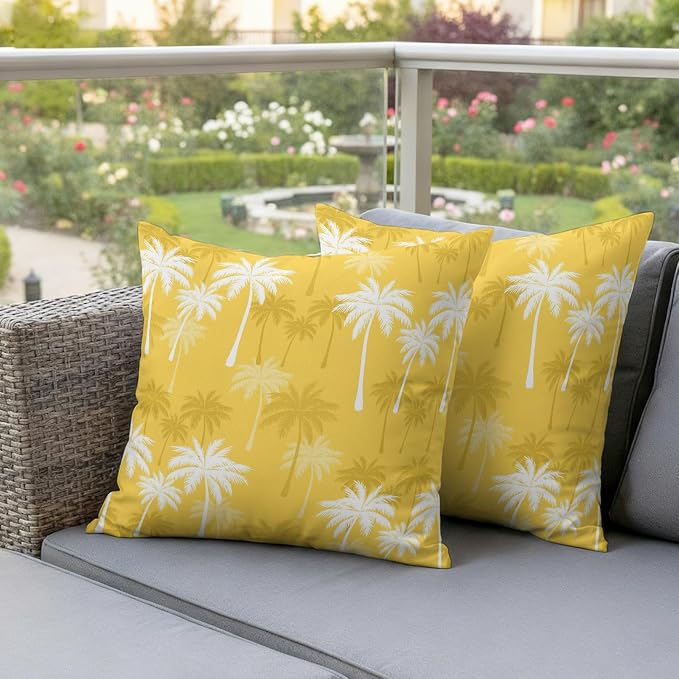Throw Pillow Covers 20x20 Inch Set of 2, Tropical Palm Tree Waterproof Outdoor Pillow Covers, Yellow White Plants Coastal Leaf Beach Decorative Cushion Pillowcases for Couch, Sofa, Bed, Garden, Patio