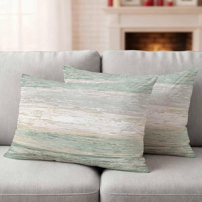 Outdoor Waterproof Throw Pillow Covers, Vintage Sage Green Grey Decorative Pillow Cases, Farmhouse Barn Wooden Striped Couch Pillow Protector Patio Sofa Cushion Covers Replacement 20"x12" 2 Pack