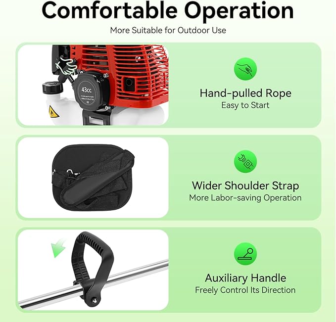 Brush Cutter, 2-Stroke 43CC 1.25 KW Gas Lawn Edger Single Cylinder Air Cooled Weed Wacker Multifunction Weed Eater Aluminum Alloy Gas Powered Weed Trimmer Garden Trimmer w/0.264 Gal Fuel Tank Capacity