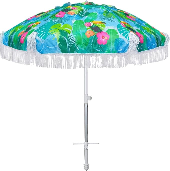 AMMSUN 6.5ft Heavy Duty HIGH Wind fringe Beach Umbrella with sand anchor Vent Tilt Portable Sun Shelter UPF 50+ Windproof Outdoor Sunshade Umbrellas Carry Bag for Patio Garden Pool Backyard Sports