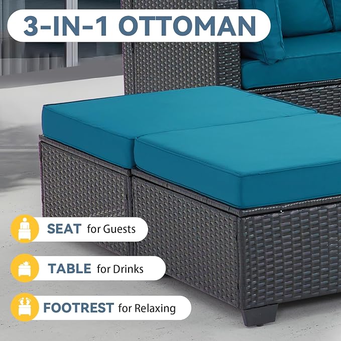 7 Pieces Outdoor Sectional Furniture Set, Wicker Patio Furniture Set with Table, Patio Conversation Sets with Washable Cushions for Garden (Peacock Blue, 106x55x26'')